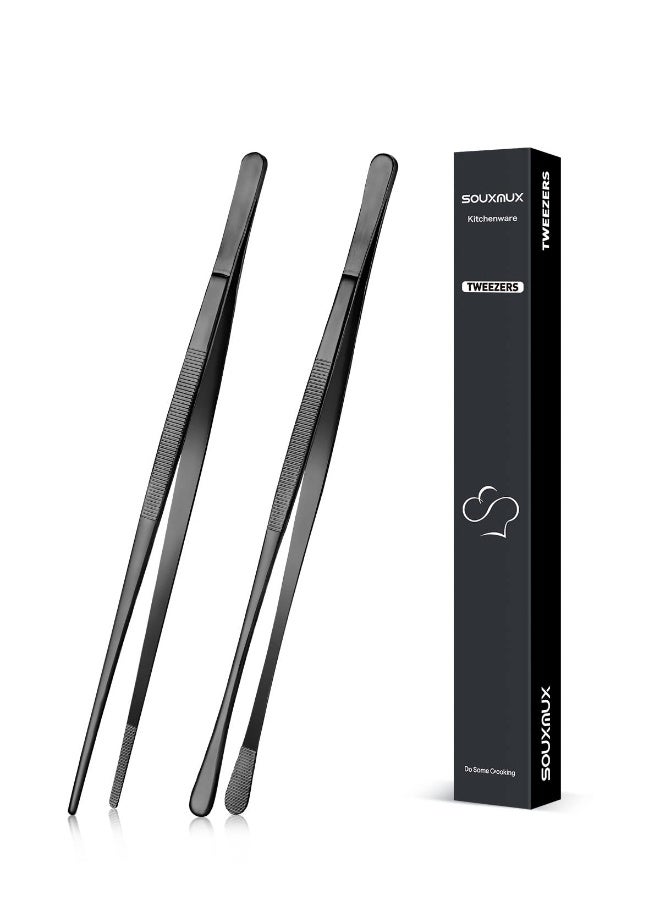 SouxMux 2 Pcs 10-inch Cooking Tweezers Tongs Precision Serrated Tips, Stainless Steel Professional Chef Tweezer Kitchen Tools for BBQ, Plating and Serving (Black) - Image 1